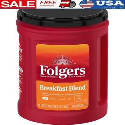 Breakfast Blend Ground Coffee Smooth Mild Roast 33.7oz Canister Low Caffeine New