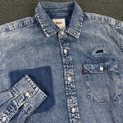 Levis Denim Shirt Mens Small Shasiko Stitch Distressed Blue Indigo Button Up