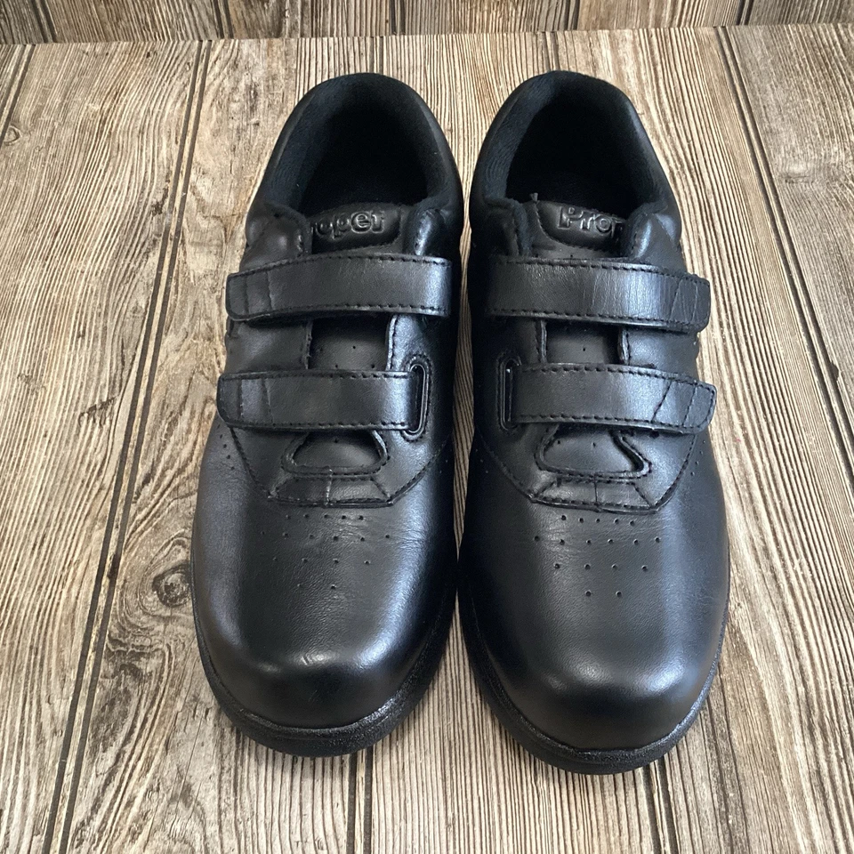 Propet Vista Walker 鞋女式 X 宽 8 2E EE 黑色皮革钩环舒适 — 第 3/4 张图片