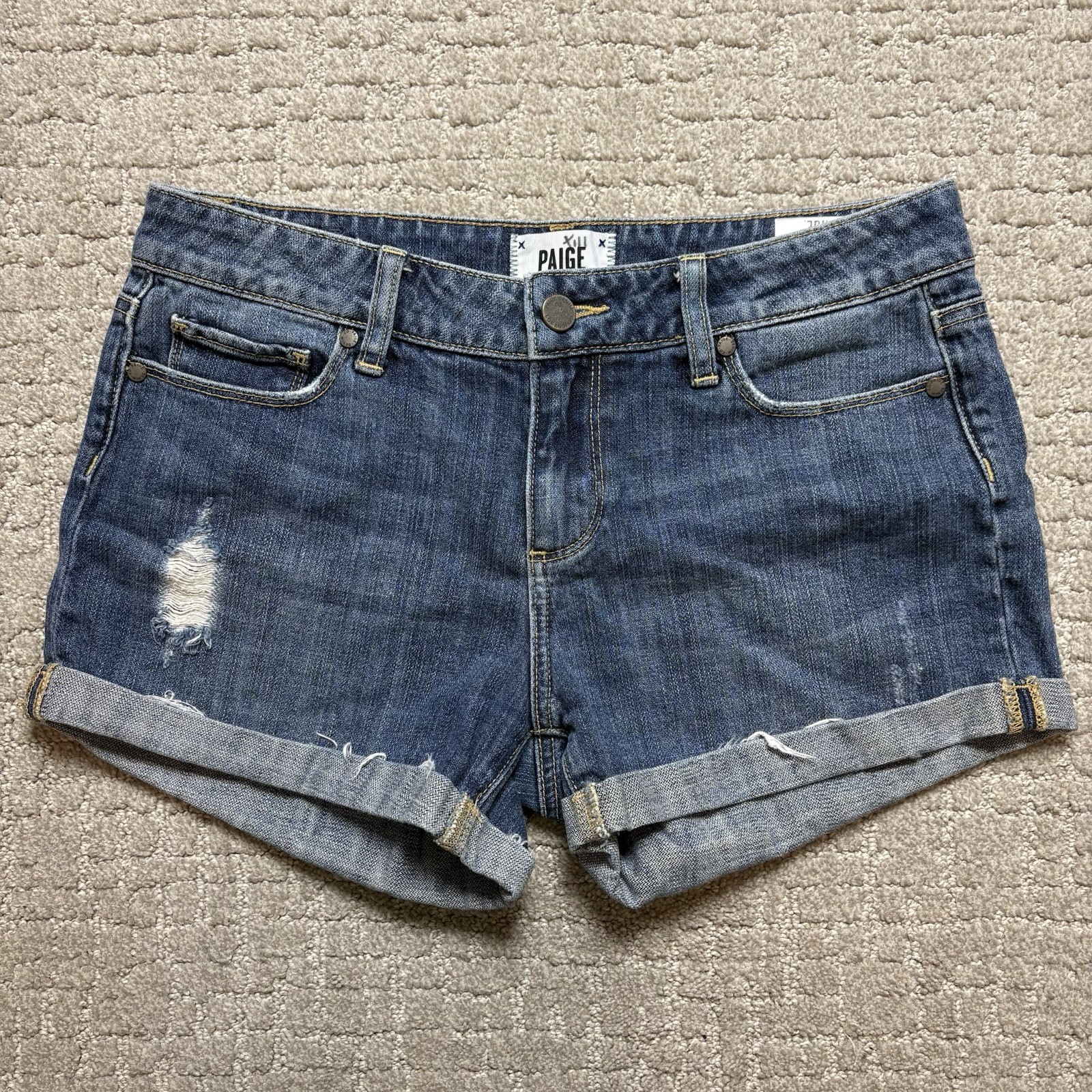 PAIGE Jimmy Jimmy Distressed Denim Cuffed Shorts Dark Wash Cuffed Womens Sz 27