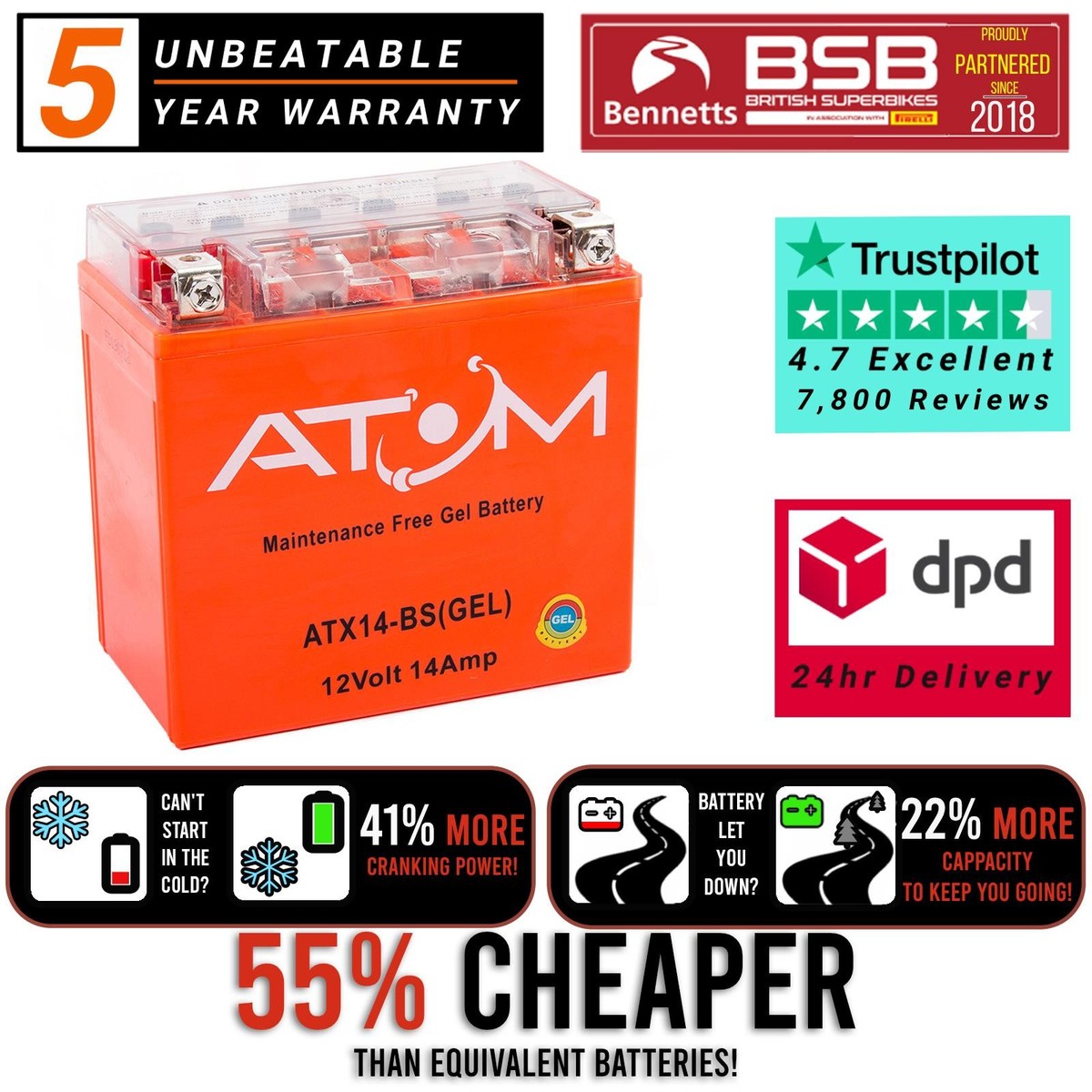 Atom ATX14-BS Gel Motorcycle Battery for UM Renegade Sport S 125