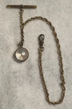 Vintage Gold-Filled T-Bar Pocket Watch Chain w Mustard Seed Pendant FOB