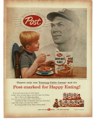 1956 Post Grape-Nuts Cereal boy thinks of Bill Dickey New York Yankees Print Ad
