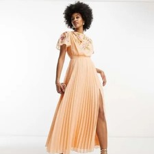 ASOS DESIGN pleated textured cowl front embroidered maxi dress in Peach
