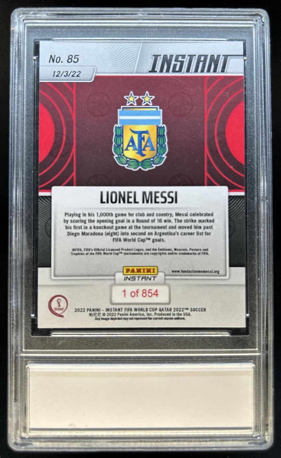 2022 Panini Instant FIFA Cup Lionel Messi Passes Maradona In Win #1/854 PGI 10 view 2