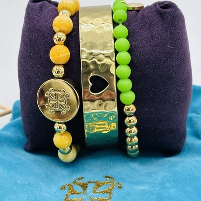 Rustic Cuff Sunshine Lime Bracelet Stack Heart Cuff Goldtone Yellow Green 3 P