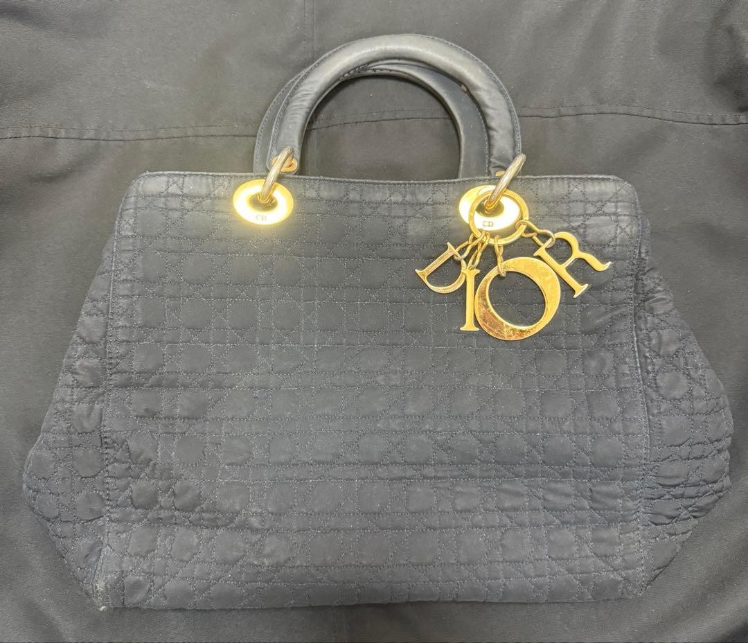 Christian Dior Lady Dior Cannage Nylon Black Gold Tote Bag Excellent Condition