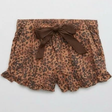 AERIE Tan Brown Black Leopard Print Ruffle Hem Cotton Blend Pajama Shorts Size L