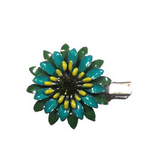 Flower Hair Clip Metal Enamel Blue Green Lime 1950' S Colors