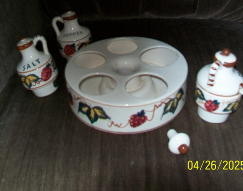 Vintage Strawberry Salt, Pepper, Mustard Cruet Set Incomplete