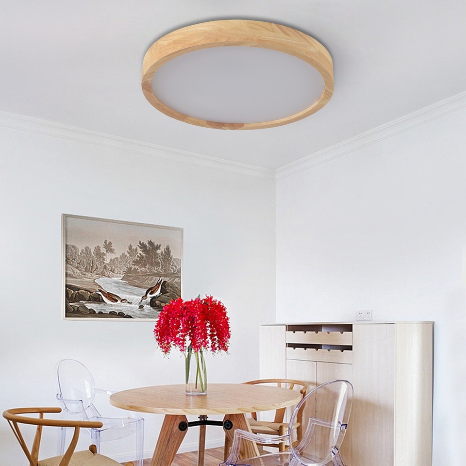 Modern Wood LED Ceiling Light Fixture Simple Log Flush Mount Circle