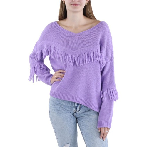OWN IT. Womens Purple Wool Knit Fringes Pullover Sweater L BHFO 8921