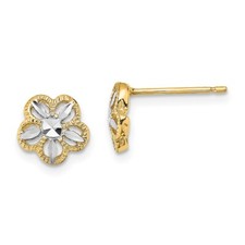 14k Yellow Gold Rhodium Diamond-cut Flower Stud Earrings Perfect Gift for Her