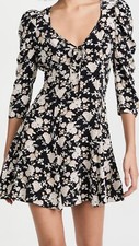 LOVESHACKFANCY 4 Juree Dress Black Floral Print Puff 3/4 Sleeve Silk Crepe Mini