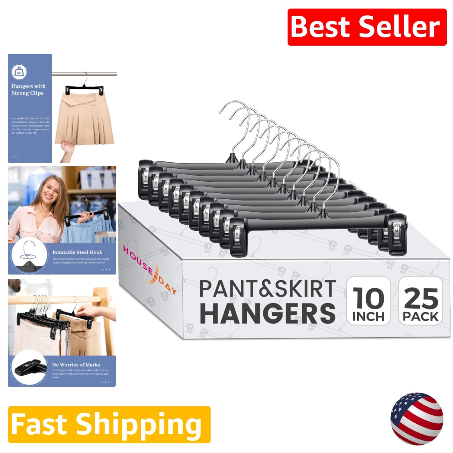 25 Pack Black Non-Slip Skirt Hangers with Swivel Hook for Space Saving