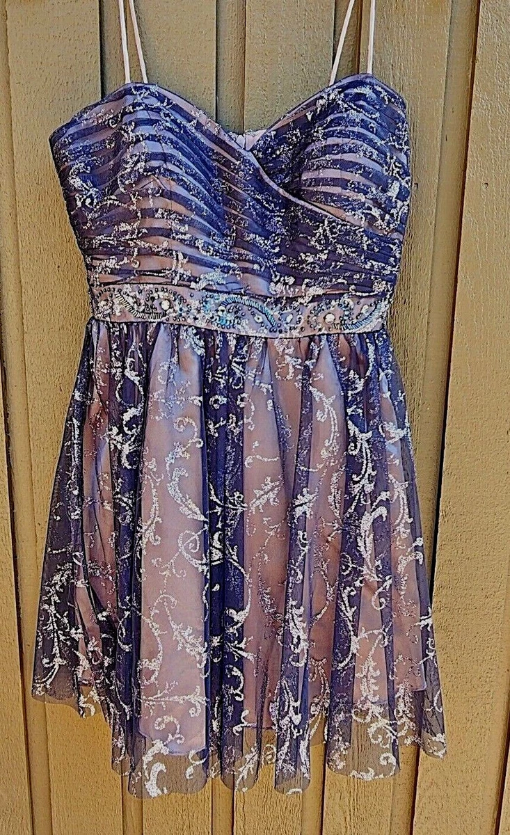 Jump Apparel Womens Dress Navy Silver Netting Sparkle Glitter Prom