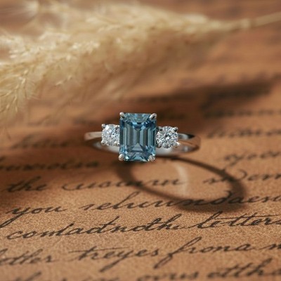 Certified 5 Ct Blue Emerald Cut Lab Grown Diamond Ring in 925 Sterling Silver_C