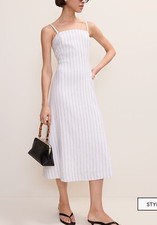 NWOT Ann Taylor Pinstripes Midi  Linen Blend  Strap Shoulder Dress White  Size 2