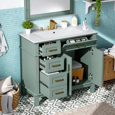 Sturdy 36In.W Bathroom Vanity Light Green Finish Large Storage Bathroom Vanities