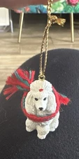 Small White poodle W/Green and Red Scarf Christmas ornament realistic looking
