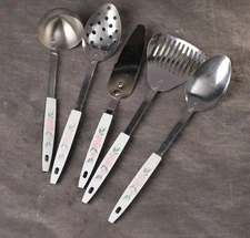 Vintage Kitchen Utensils Dogwood Flower Handles Stainless Steel MCM - Set 5