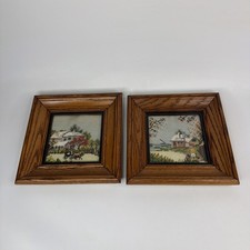 Vtg Pair Of Framed Needlepoint Cottage House Scene Biker Horse Buggy 9.5  x9.5  