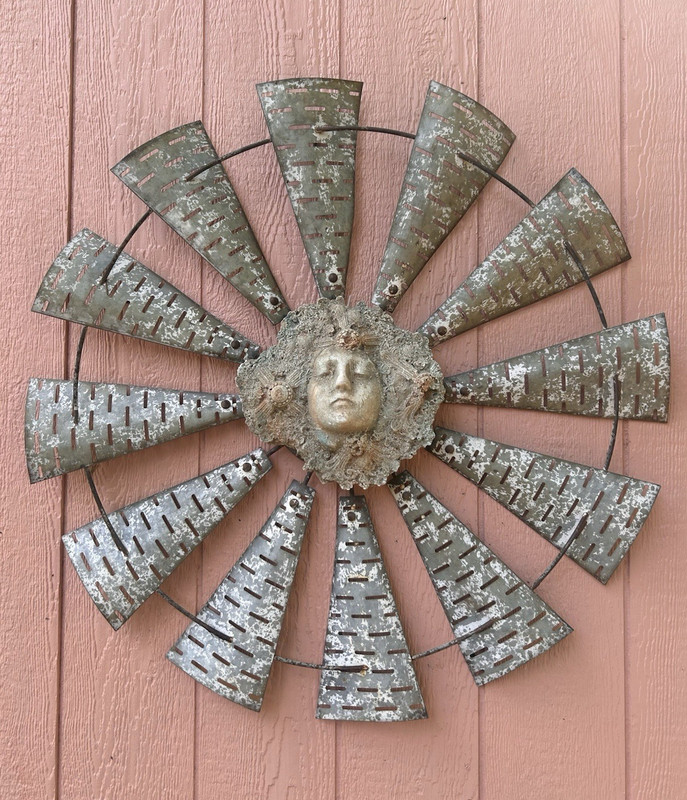 Vintage Large Metal Windmill Wall Art Sun Goddess Face Sculpture Garden Decor