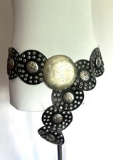 Vintage Moroccan Wide Black Leather Silver Tone Concho Metal Belt One Size