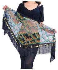 Belly Dance Hip Scarf with Sequins Peacock Wrap Skirt for Women - One Size Gold
