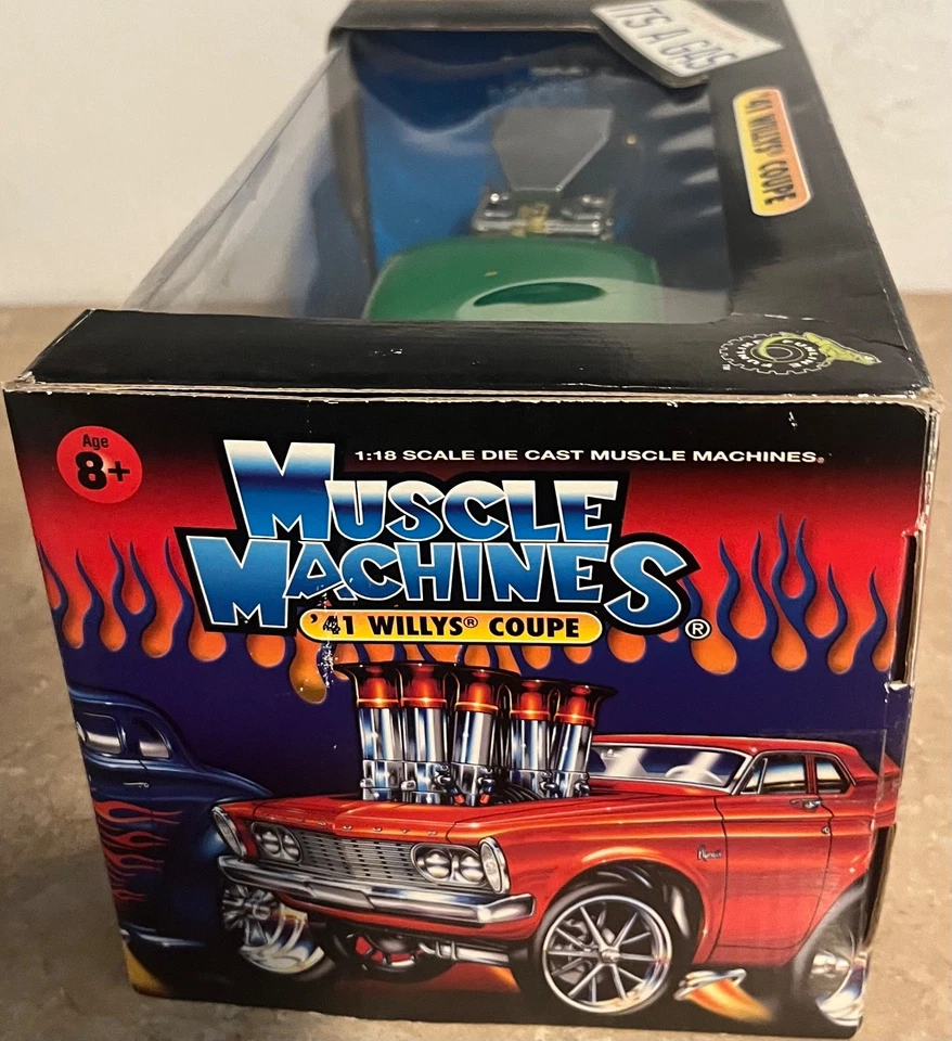 Muscle Machines' 41 Jeep Willy's Coupe Frantic Frog 1:18 Scale Green Blue Flames - Image 3 of 4
