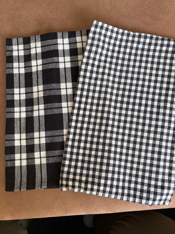 Two Black And White Checked Kitchen Cotton Towels. 16x24”