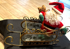 VTG Gold Metal w/Glass Pine Design Sleigh Centerpiece Free Santa hb1