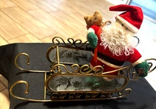 VTG Gold Metal w/Glass Pine Design Sleigh Centerpiece Free Santa hb1