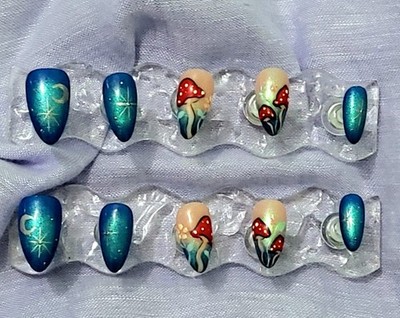 Press On Nails 2 Sets Med Almond A Blue & Red Toadstool Design & Purple Marble