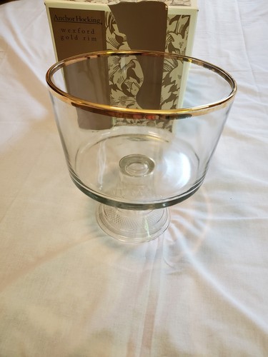Cuenco de pedestal de bagate de oro de 24 k con borde de cristal Wexford de colección Anchor Hocking con caja - Imagen 8 de 8