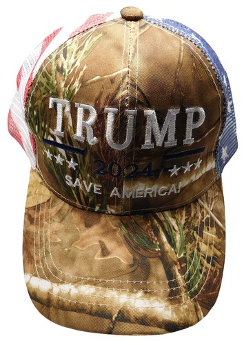 Trump 2024 Save America! Real Tree Camouflage USA Flag Mesh Embroidered Cap Hat - 第 2/6 張圖片