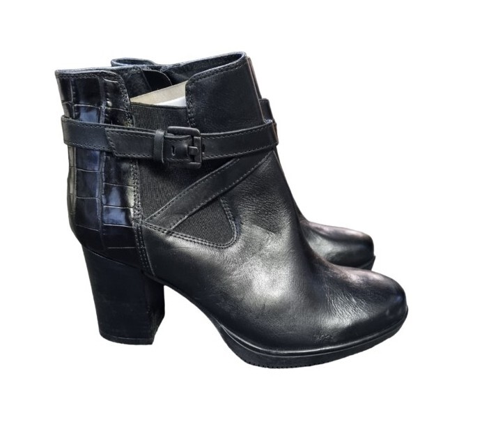 Jonak Black Leather Buckle Block Heel Boots With Zip Womens SIZE