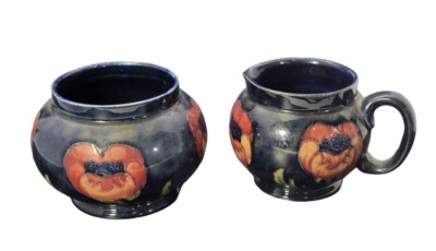 Rare Willam Moorcroft Poppy Patterned Pottery Cream & Sugar Bowl Set Signed