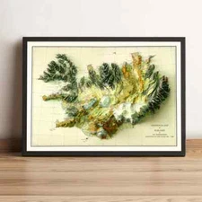 Iceland Map, Iceland 2D Relief Map, Iceland Vintage Map - 2D Flat Print