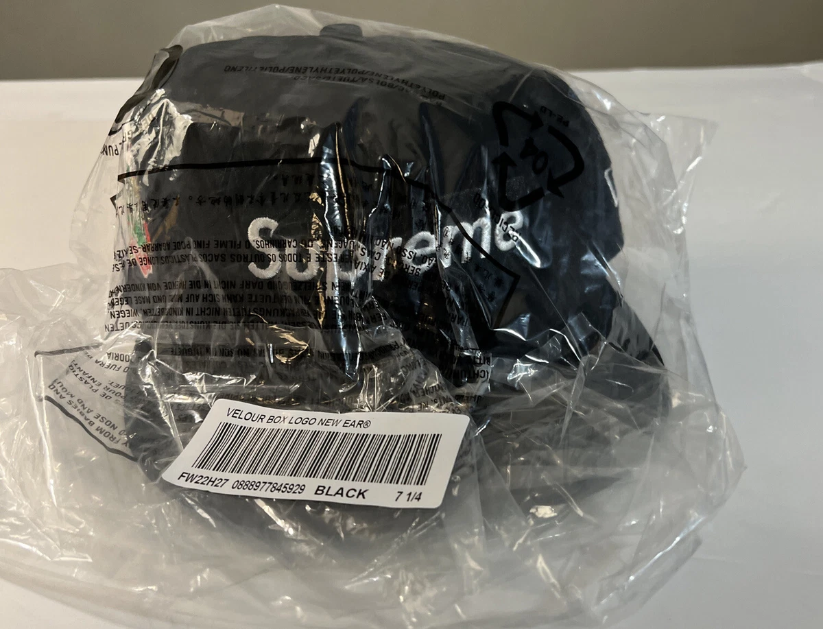 SUPREME VELOUR BOX LOGO NEW ERA BLACK HAT/ SIZE 7 1/4 FW22 WEEK 13 (AUTHENTIC)