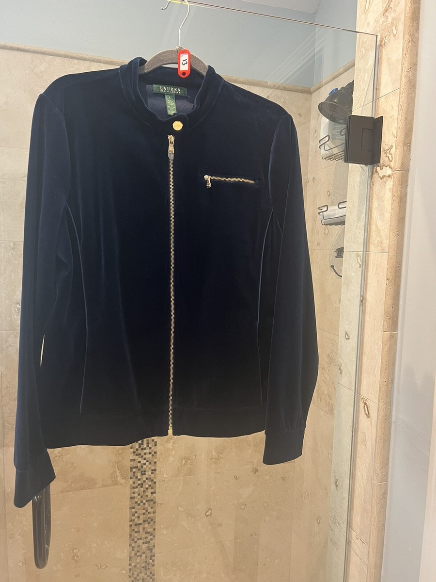 NEW Lauren Ralph Lauren Womens Dark Navy Blue Velvet Jacket L Full