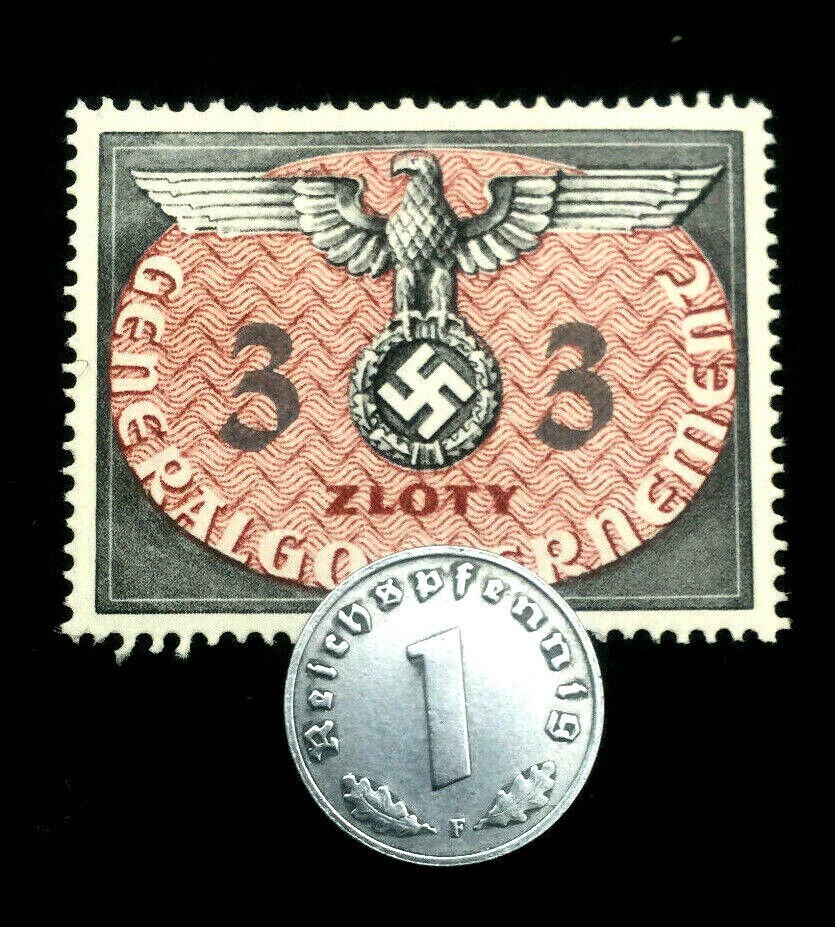 1943’s★ドイツ国防軍陸軍★パンタータンク Necklace★RZM刻印 German WWII Rare 1 Rp Zinc Coin (1940-1945) & 3 Zloty Stamp MNH