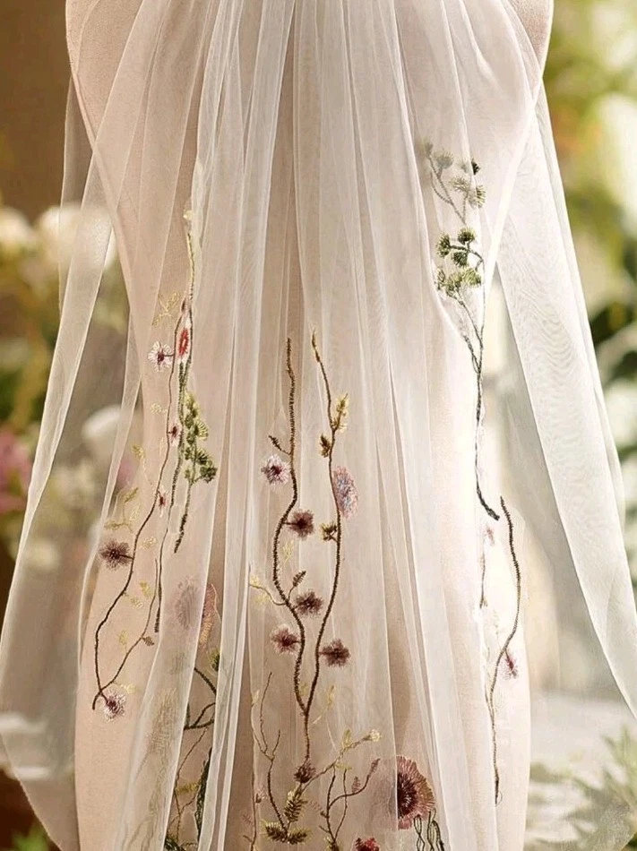 Bestickter Schleier Tüll-Schal Brautschleier Vintage Boho Stil Blumen - Bild 2 von 4