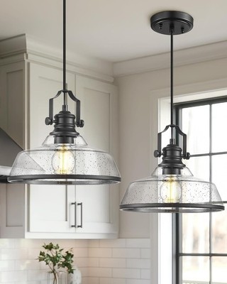 Kudos 2 Pack Pendant Lights 11'' Black Seeded Glass Kitchen Island Farmhouse KDPL