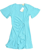 Michael Kors Turquoise Eyelet Ruffle V-Neck Faux Wrap Dress Size S New With Tags