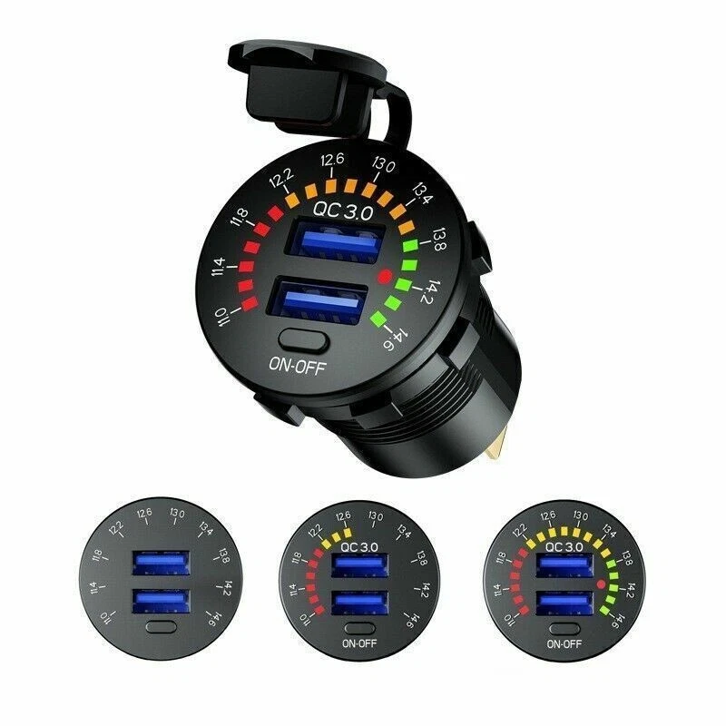 Waterproof QC3.0 Dual USB Car Fast Charger Socket Power Outlet Voltmeter 12V LED - Image 2 of 4