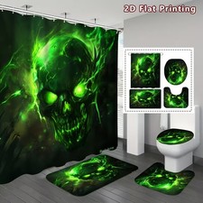 Blue Flame Skull Halloween Waterproof Shower Curtain Bath Mat Toilet Cover Set