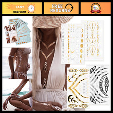 Metallic Temporary Tattoos - Lunar Love Design, 4 Sheets, 38 Waterproof Tattoos