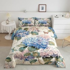 Vintage Floral Comforter Set Blue Pink Hydrangea Bedding for Queen Floral 09