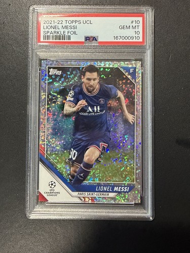 Topps 2021-22 UEFA Champions League Lionel Messi #10 Sparkle Foil PSA 10 PSG